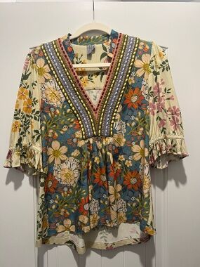 Anthropologie Floral Mixed-Print V-Neck Peasant Top in Cream, Blue, Orange